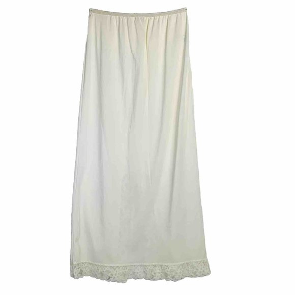 VTG Opalaire USA Long Half Slip Sz M Maxi Ivory Lace Trim Hem Slit Anti Static - Picture 2 of 10
